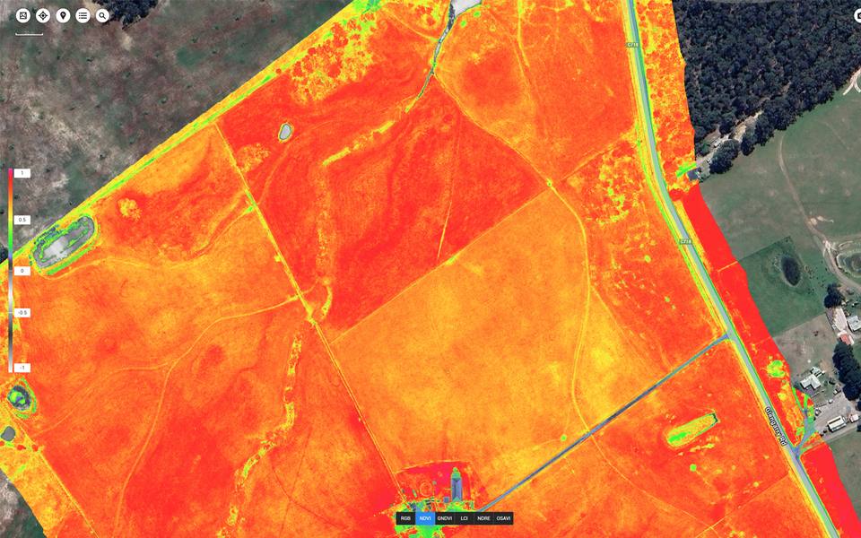 A colour-coded crop health map of several paddocks.